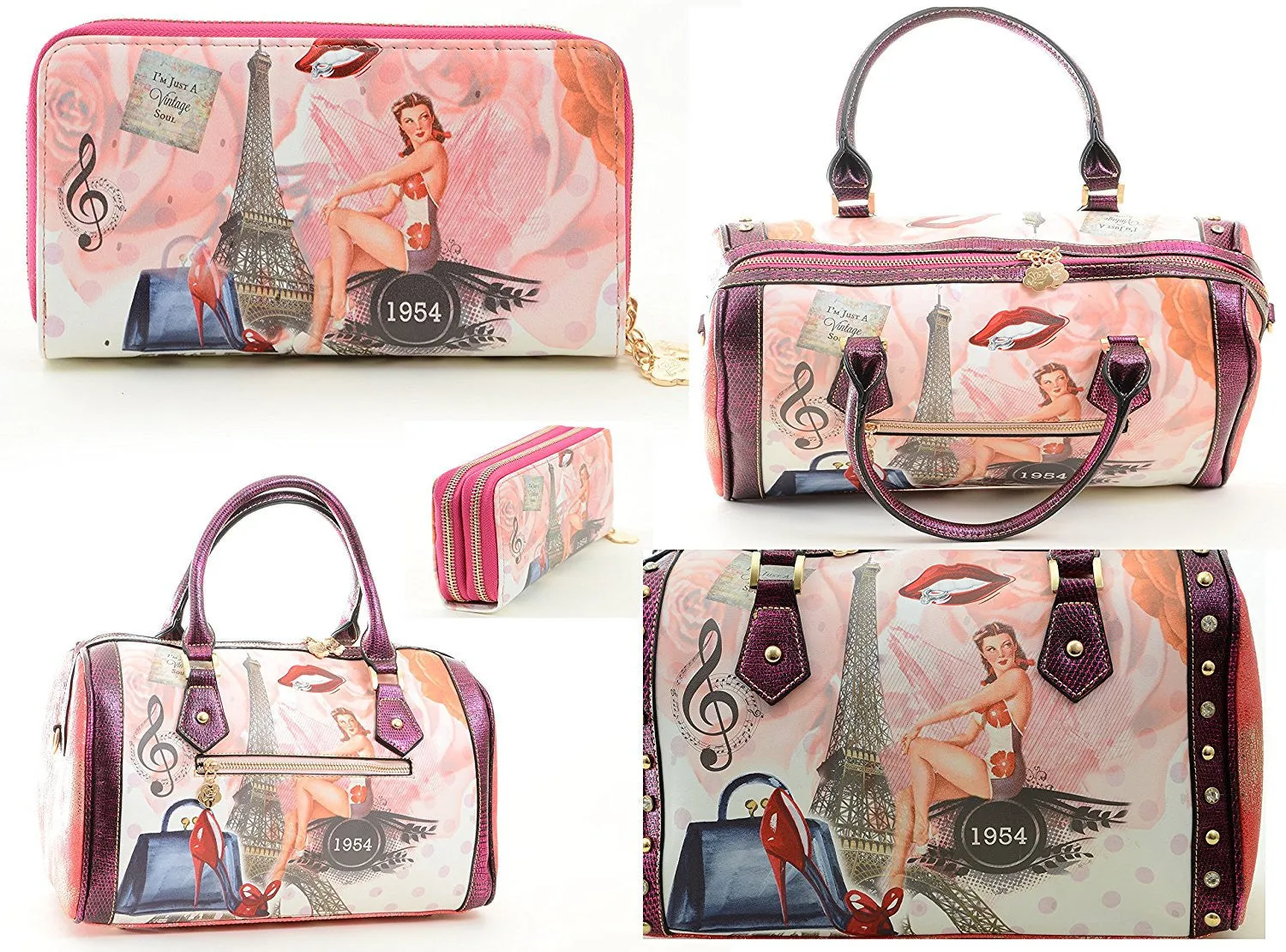 1954 Eiffel Tower Pin-up Girl Vegan Leather Satchel Handbag Purse Wallet SET