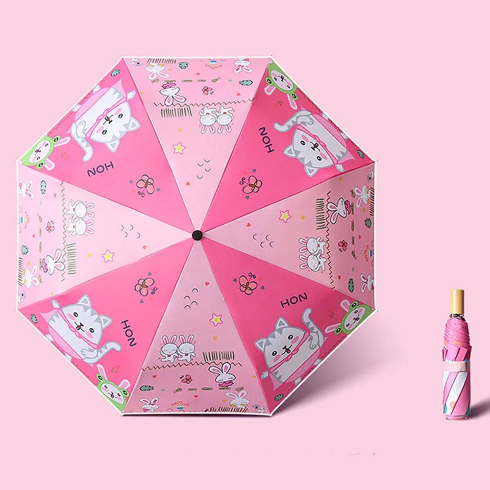 3 fold Pink Green Catty Umbrella for Kids