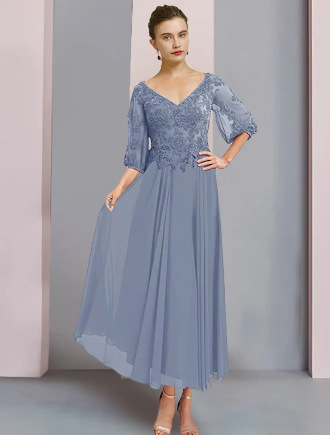 A-Line Mother of the Bride Dress Formal Wedding Guest Elegant V Neck Tea Length Chiffon Lace 3/4 Length Sleeve Wrap Included with Pleats Appliques