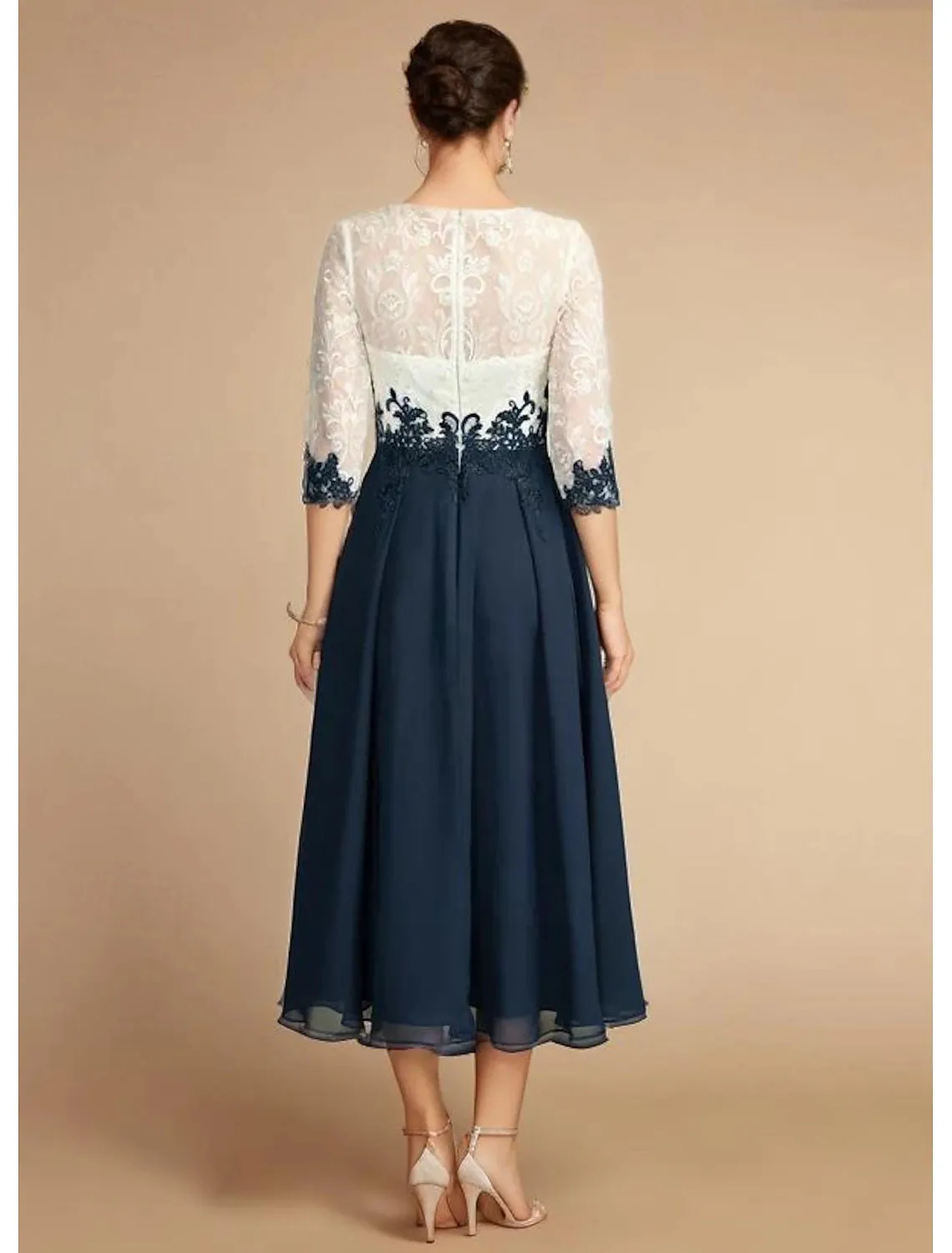 A-Line Mother of the Bride Dress Wedding Guest Dress Vintage Jewel Neck Tea Length Chiffon Lace Half Sleeve with Lace Appliques