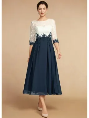 A-Line Mother of the Bride Dress Wedding Guest Dress Vintage Jewel Neck Tea Length Chiffon Lace Half Sleeve with Lace Appliques