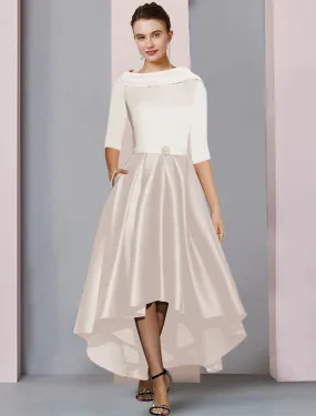 A-Line Mother of the Bride Dress Wedding Guest Elegant High Low Scoop Neck Asymmetrical Tea Length Satin Half Sleeve with Pleats Color Block