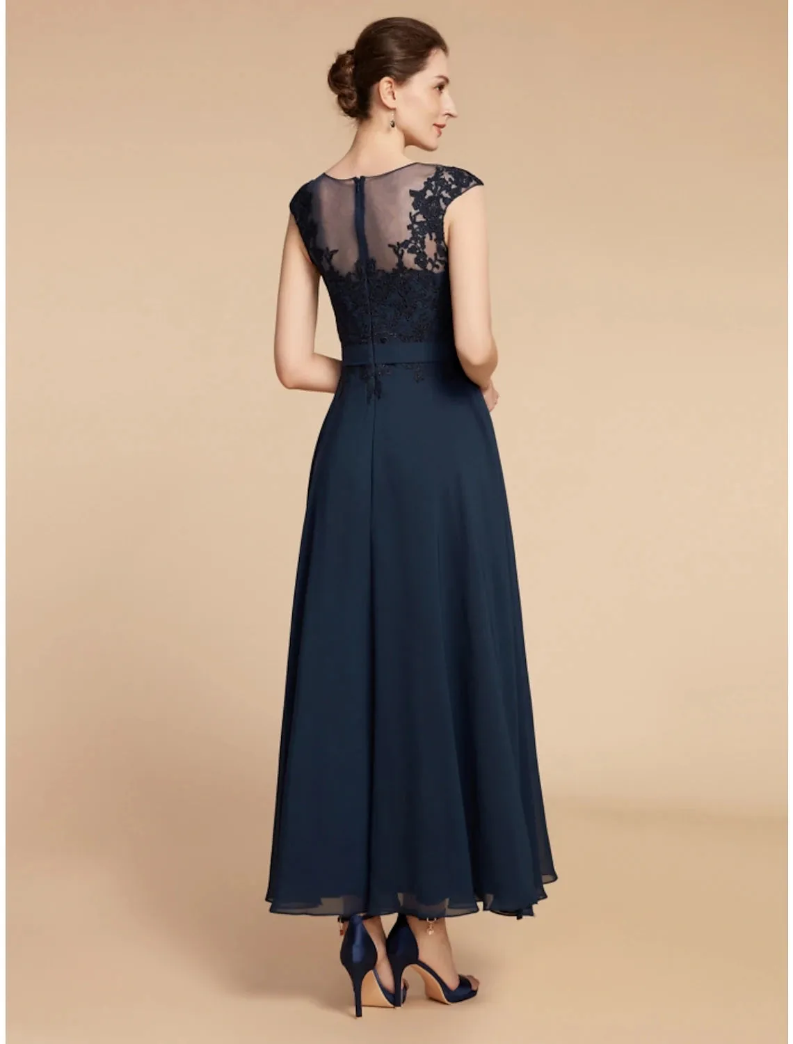 A-Line Mother of the Bride Dress Wedding Guest Elegant Jewel Neck Ankle Length Chiffon Lace Long Sleeve with Ruching Solid Color