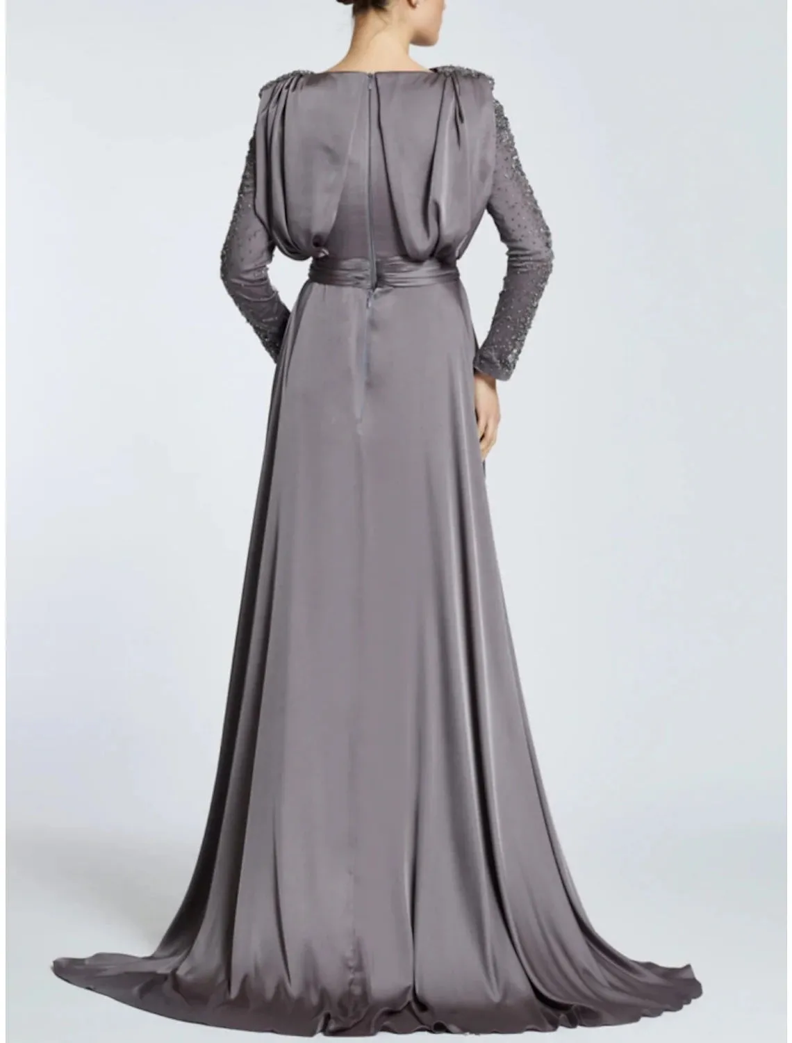 A-Line Mother of the Bride Dress Wedding Guest Elegant Scoop Neck Sweep / Brush Train Satin Long Sleeve with Sequin Ruching