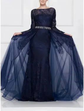 A-Line Mother of the Bride Dress Wedding Guest Elegant Scoop Neck Sweep / Brush Train Tulle Long Sleeve with Lace Crystals Ruching