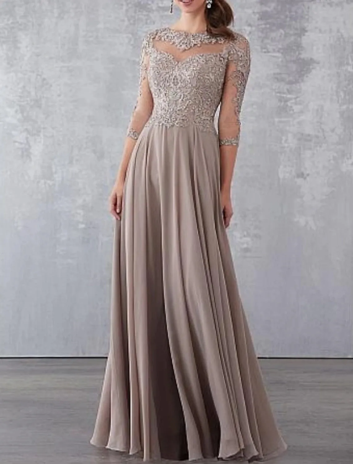 A-Line Mother of the Bride Dress Wedding Guest Elegant See Through Jewel Neck Floor Length Chiffon Lace 3/4 Length Sleeve with Draping Appliques Fall