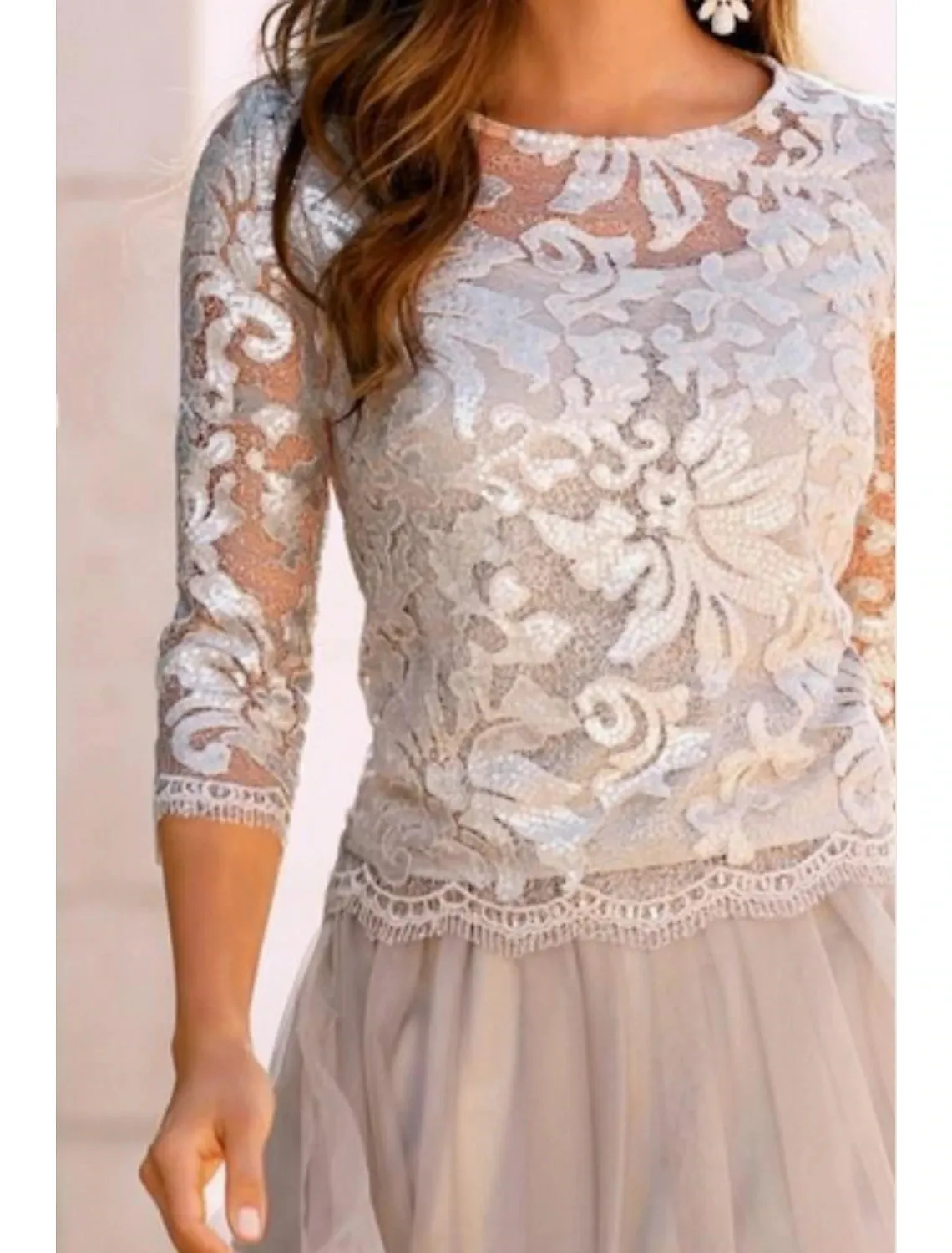 A-Line Mother of the Bride Dress Wedding Guest Elegant See Through Jewel Neck Knee Length Chiffon Lace Tulle 3/4 Length Sleeve with Pleats Appliques