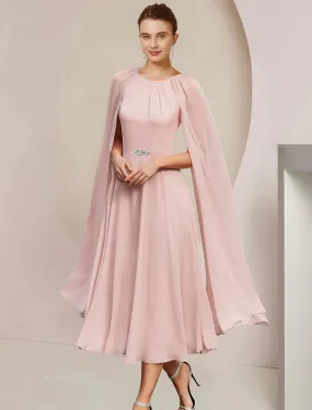 A-Line Mother of the Bride Dress Wedding Guest Scoop Neck Tea Length Chiffon Sleeveless with Pleats Crystal Brooch