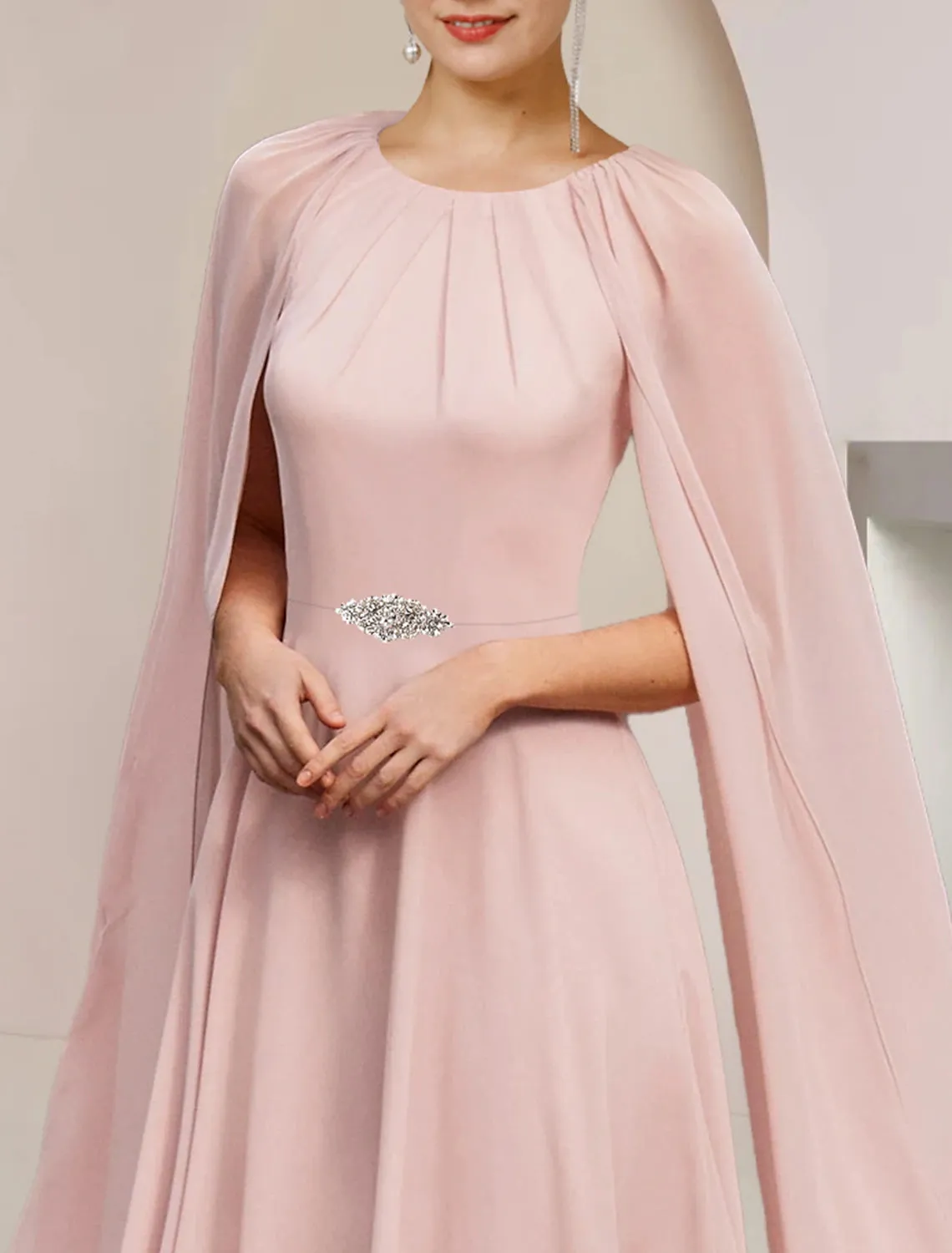 A-Line Mother of the Bride Dress Wedding Guest Scoop Neck Tea Length Chiffon Sleeveless with Pleats Crystal Brooch