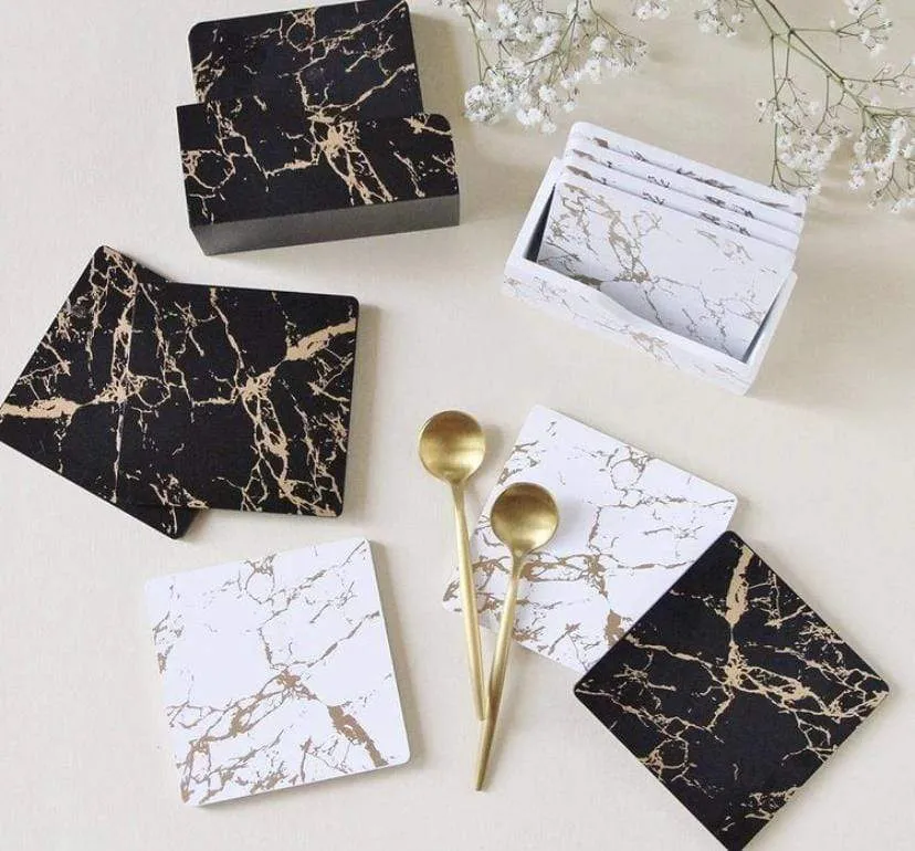 Aish Home Set Of 6 Marble Wooden Coasters With Stand Black and Gold - A030