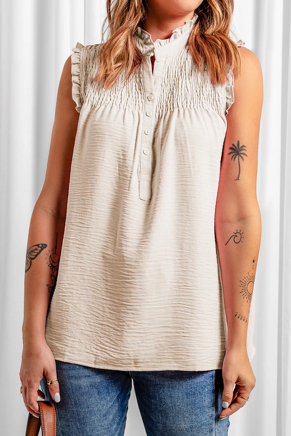 Apricot Frilled Tank Top with Buttons