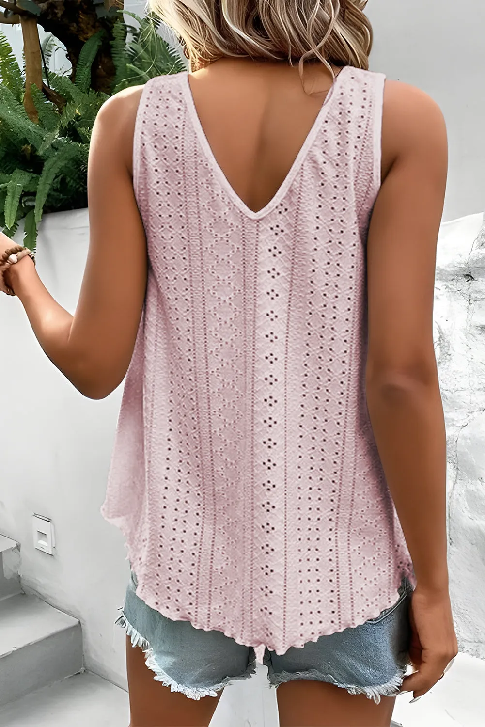 Apricot Pink Lace Crochet Splicing V Neck Loose Fit Tank Top