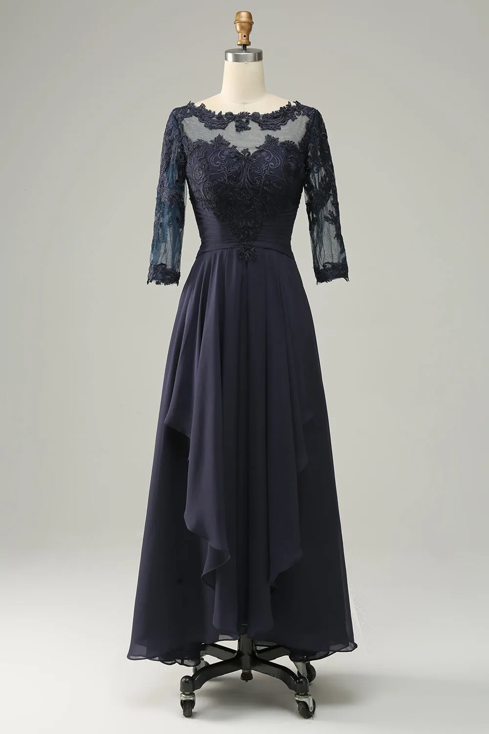 Asymmetrical Navy Mother of Bride Dress with Long Sleeves