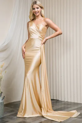 AURORA One Shoulder Bridesmaids Maxi Dress with Side Train - Champagne Gold