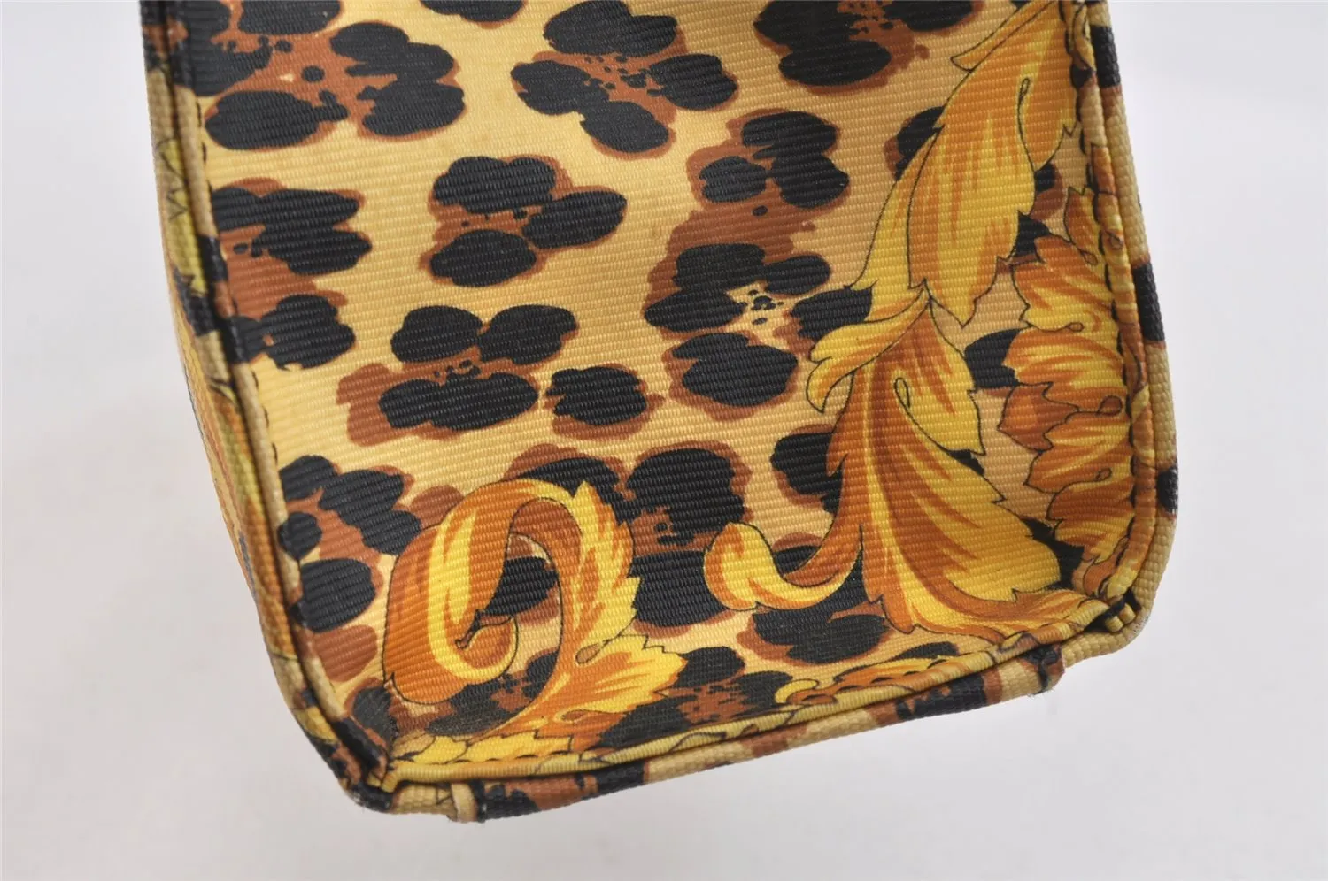 Auth Gianni Versace Sunburst Flower Leopard Nylon Leather Hand Bag Yellow 2713K