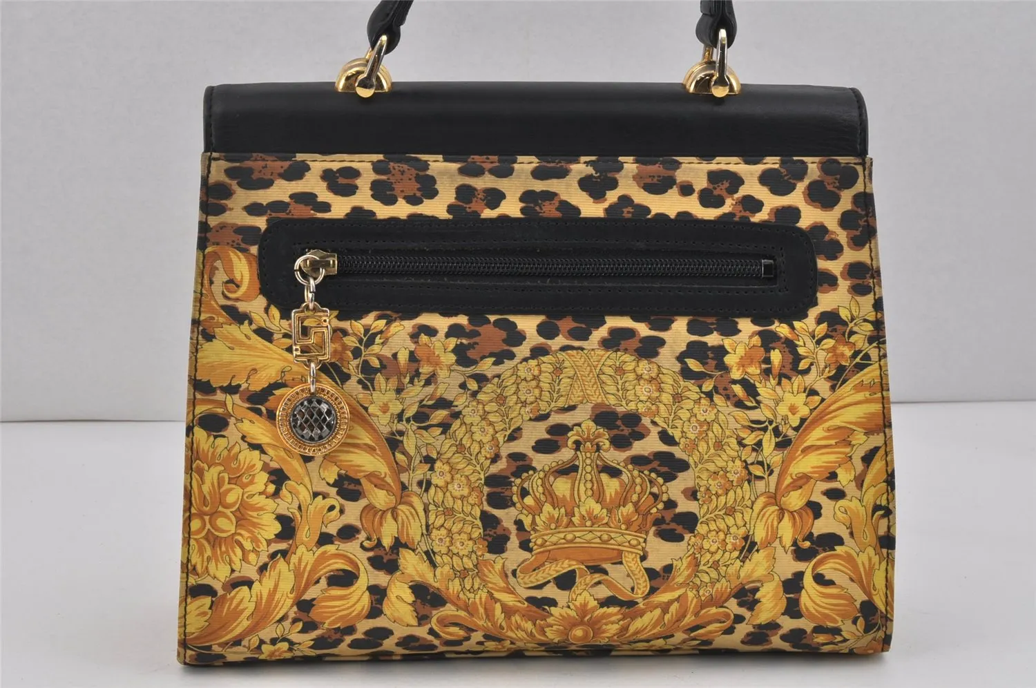 Auth Gianni Versace Sunburst Flower Leopard Nylon Leather Hand Bag Yellow 2713K