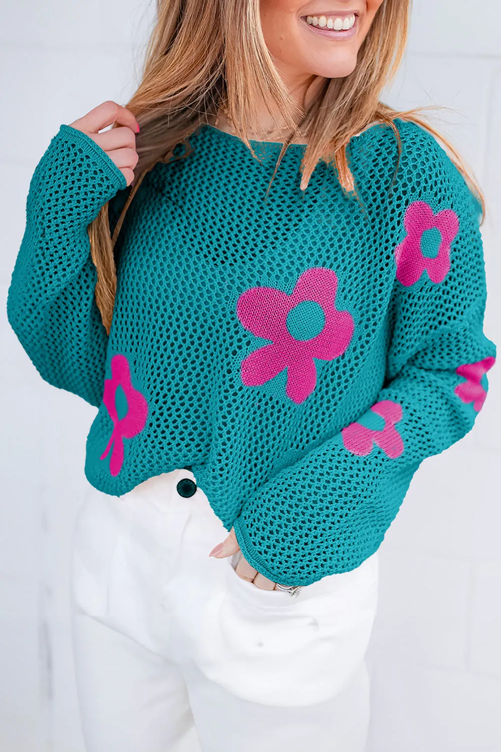 Big Flower Hollowed Knit Drop Shoulder Sweater