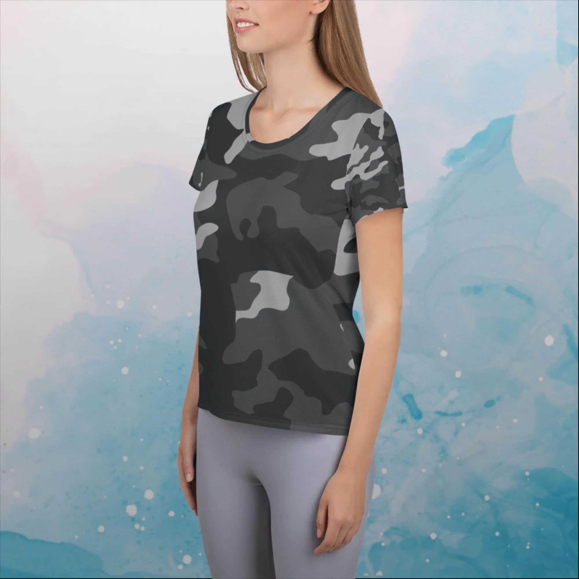 Black and Grey Camo Print Womens Athletic Tee Shirt