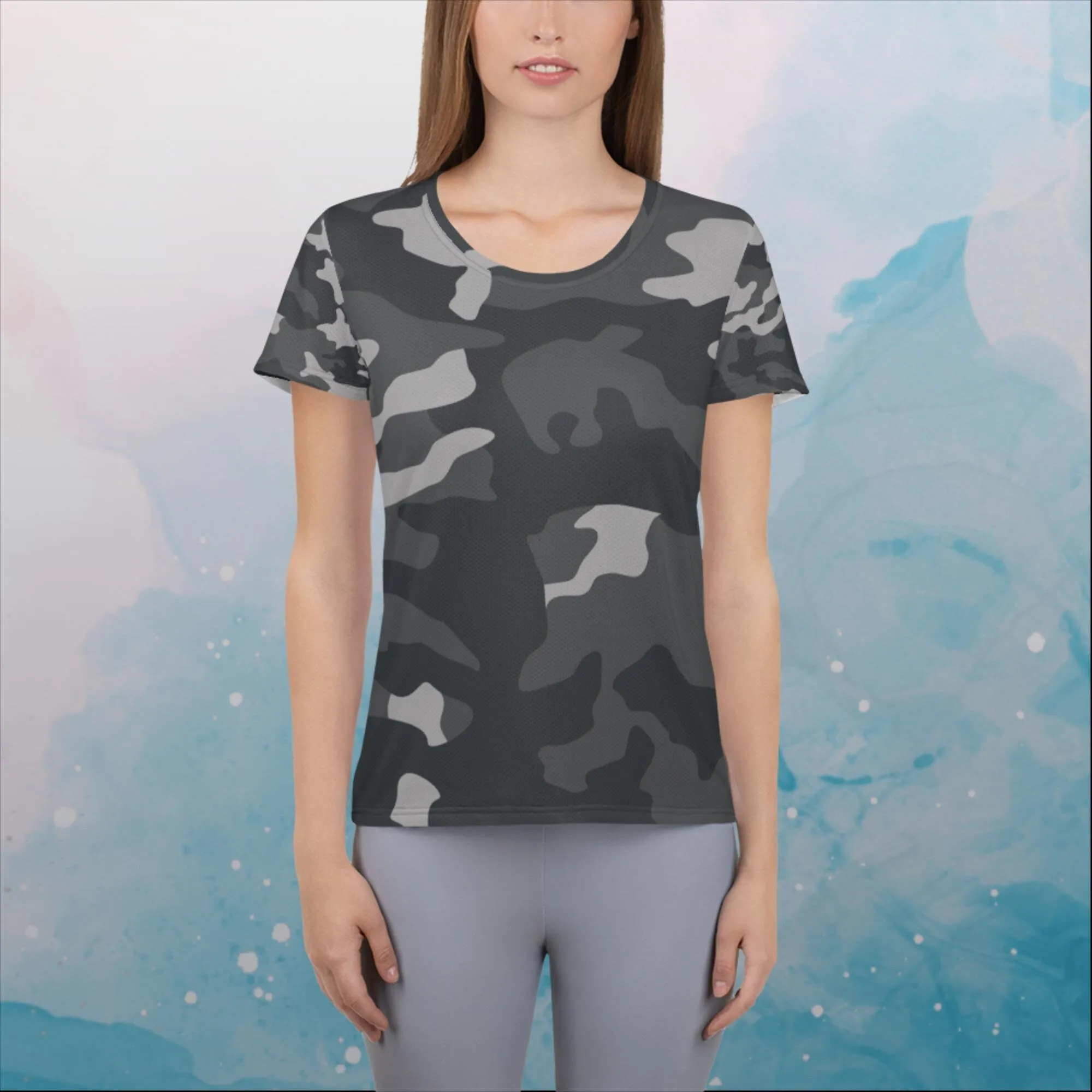 Black and Grey Camo Print Womens Athletic Tee Shirt