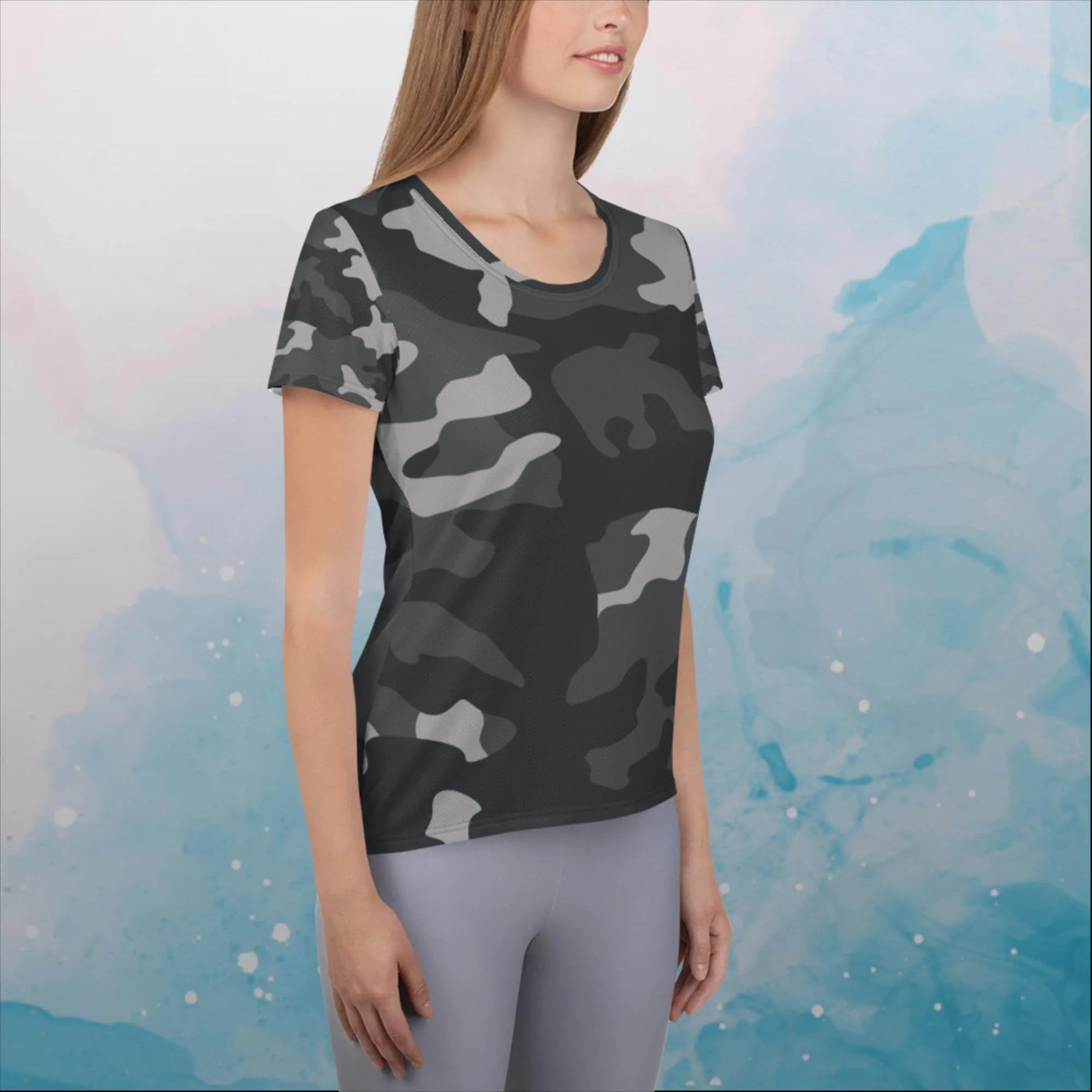 Black and Grey Camo Print Womens Athletic Tee Shirt