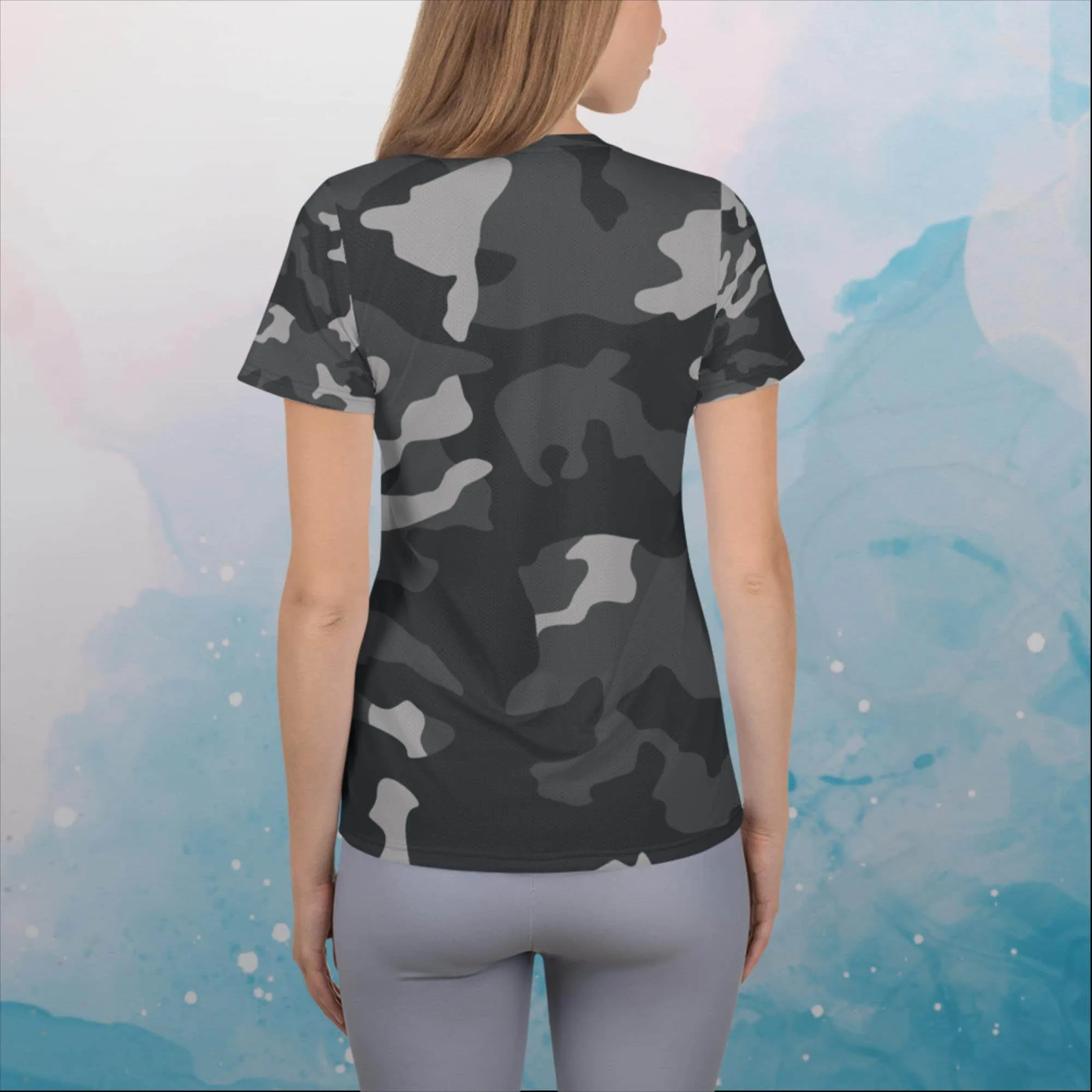 Black and Grey Camo Print Womens Athletic Tee Shirt