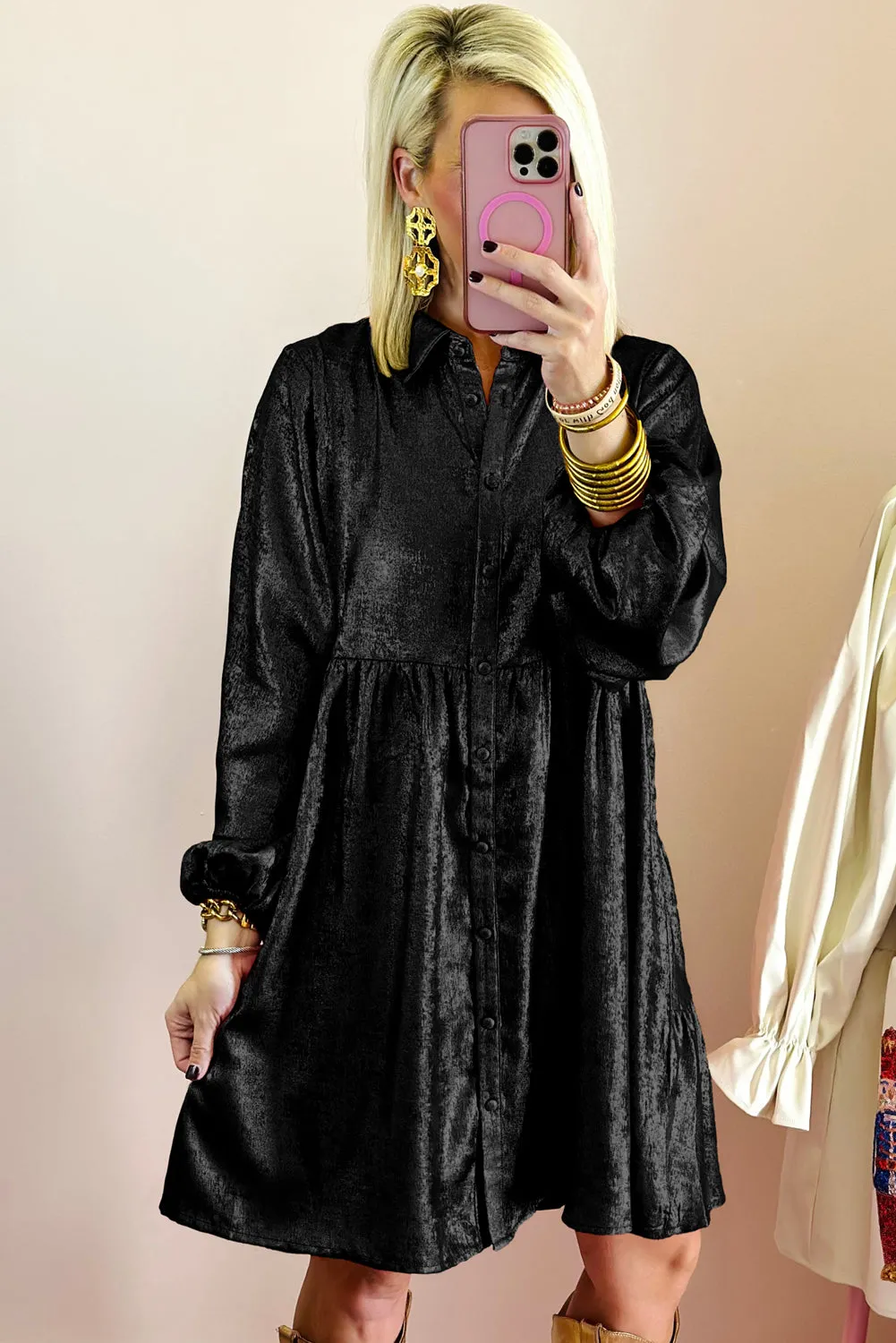 Black Metallic Sheen Puff Sleeve Button Up Mini Shirt Dress