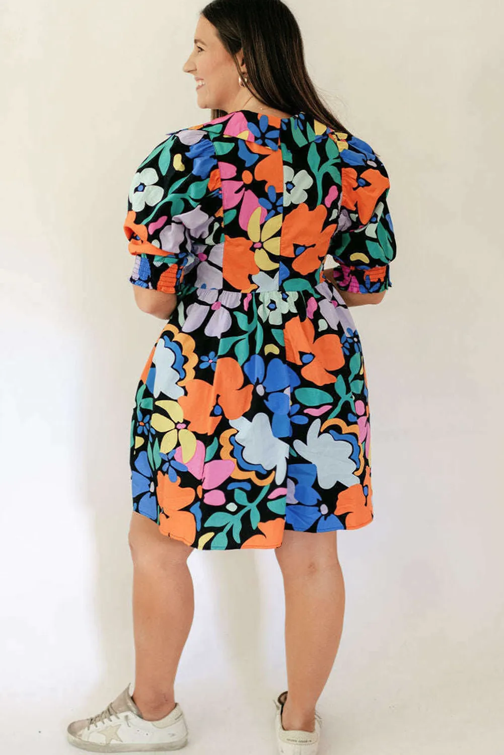 Blue Split Neck Collared Plus Floral Dress