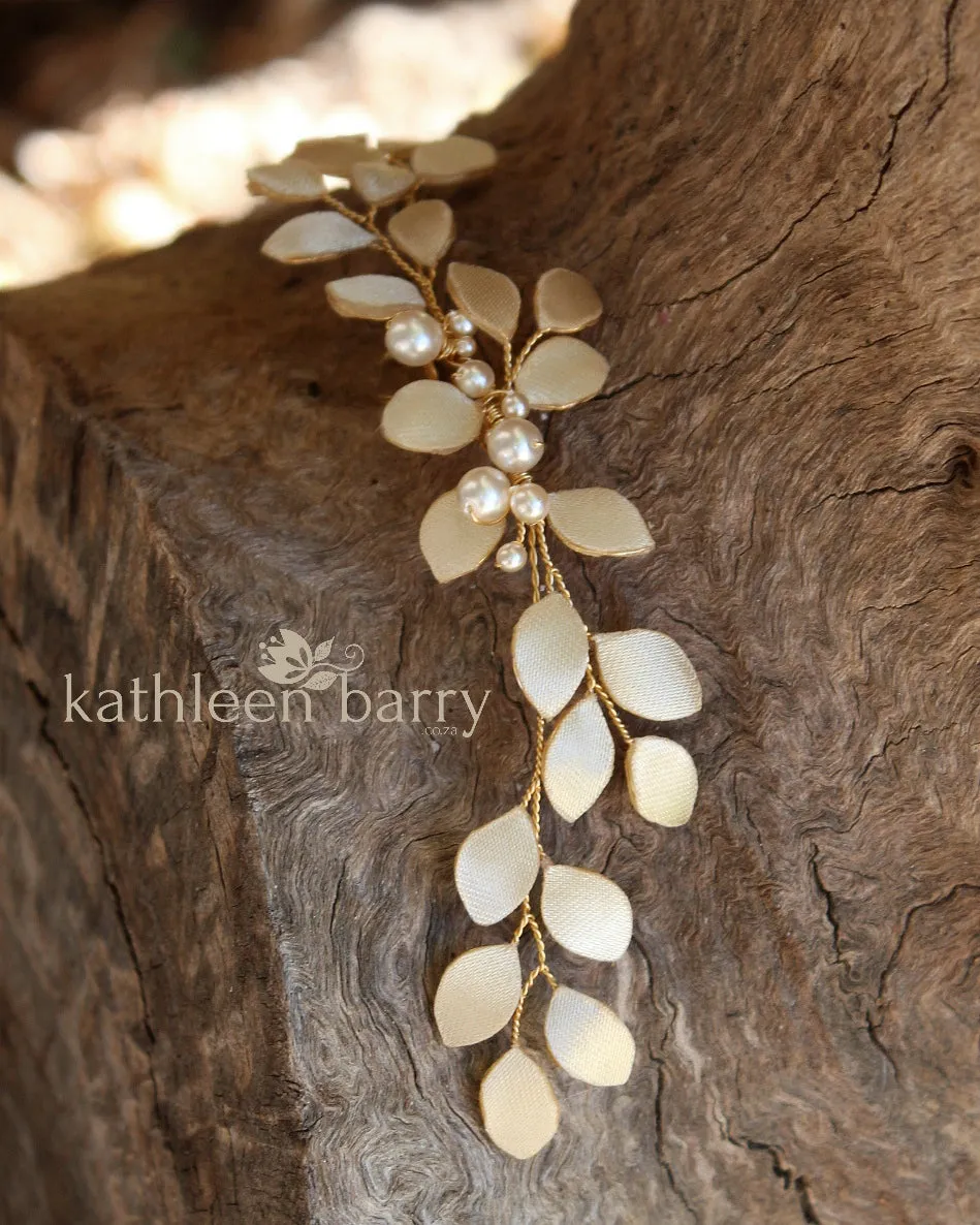 Caralize leaf hairpiece - satin sculpted fabric leaves & pearls - many color options available