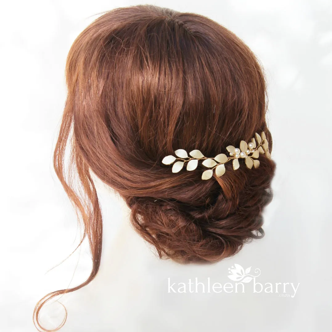 Caralize leaf hairpiece - satin sculpted fabric leaves & pearls - many color options available