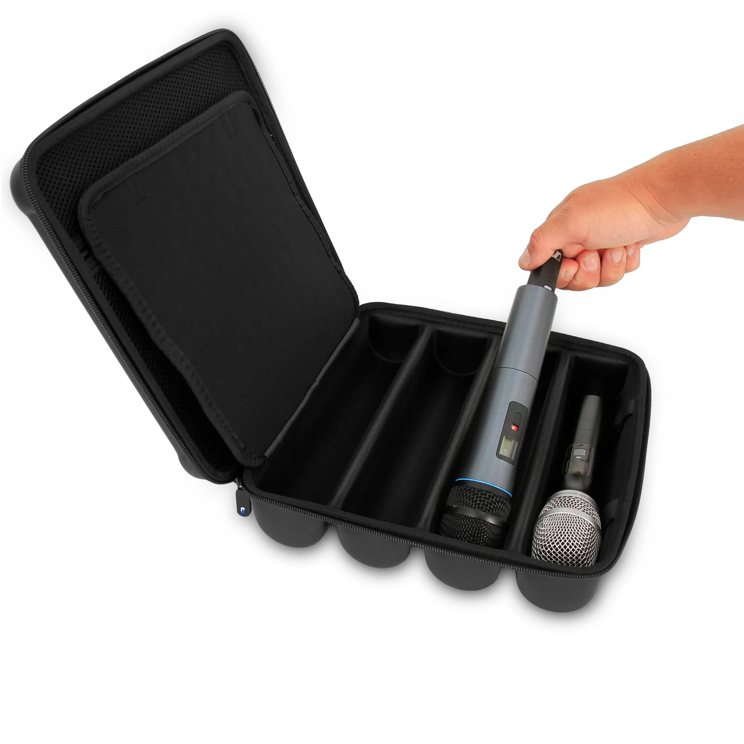 CASEMATIX Wireless Microphone Case Compatible with Four Microphones Up To 10.75" by Sennheiser, Shure and More - Mic Case for Travel with Lid Storage