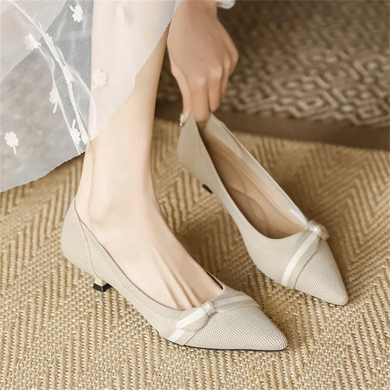 Chic Pearl Bowknot Kitten Heels