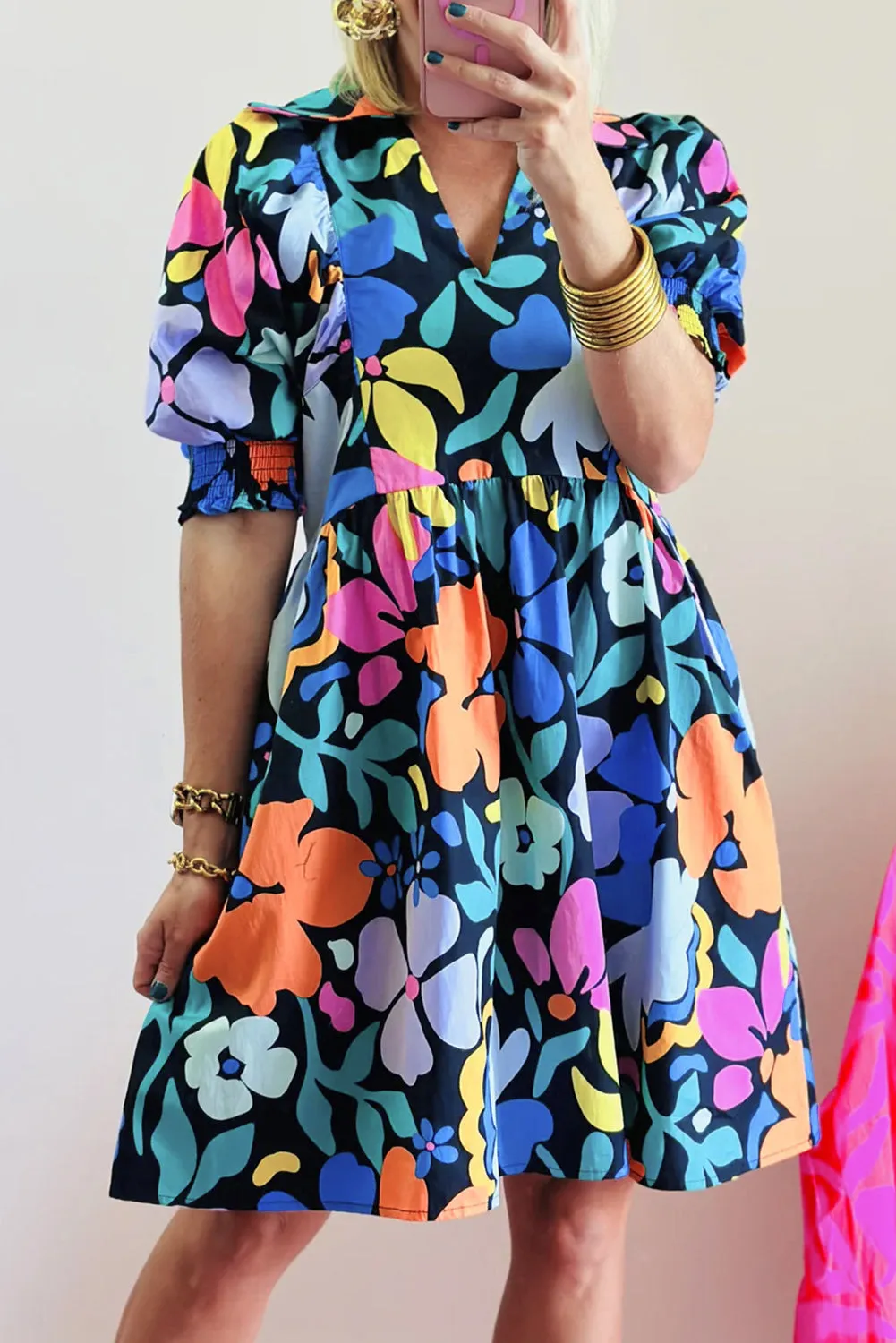 Collared Split Neck Floral Flared Dress