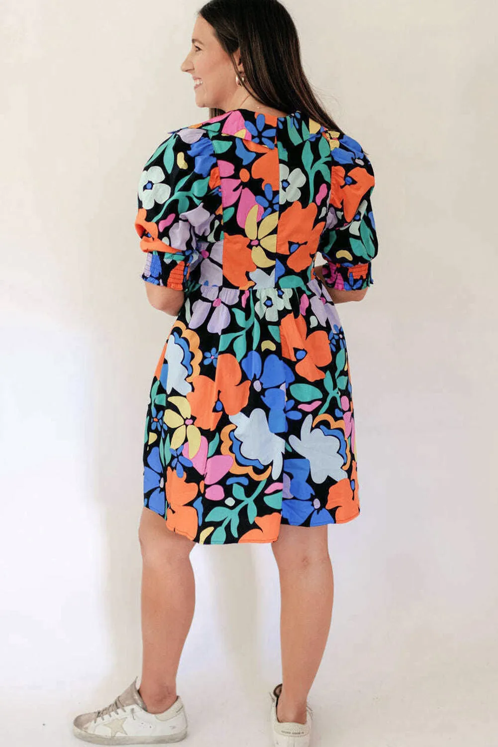 Collared Split Neck Floral Flared Dress