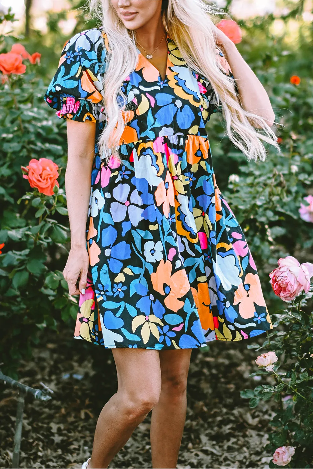 Collared Split Neck Floral Flared Dress