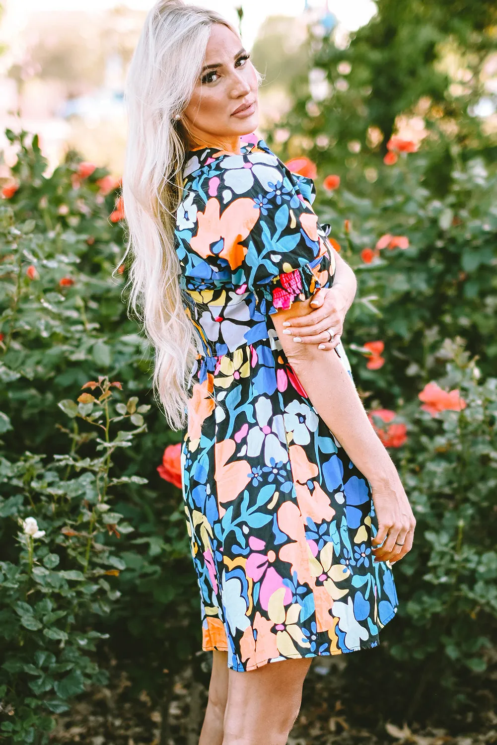 Collared Split Neck Floral Flared Dress