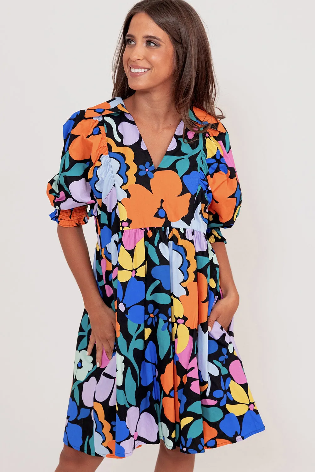 Collared Split Neck Floral Flared Dress