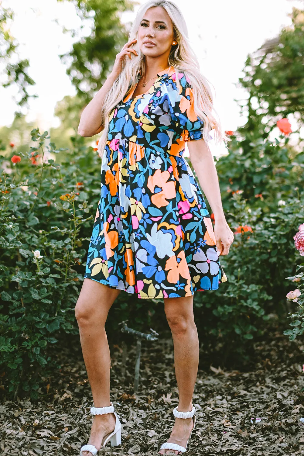 Collared Split Neck Floral Flared Dress