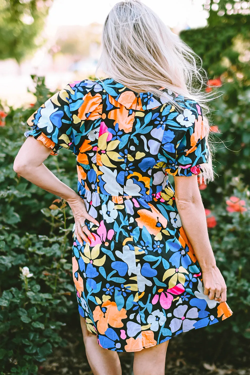 Collared Split Neck Floral Flared Dress