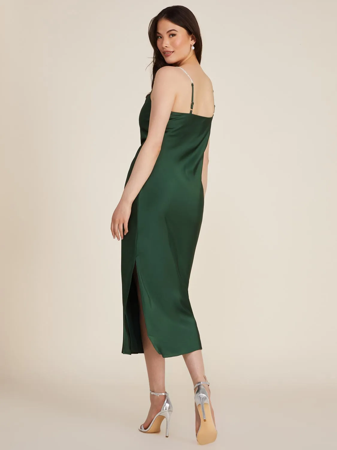 Cowl Neck Satin Midi Slip Dress With Jewelled Straps