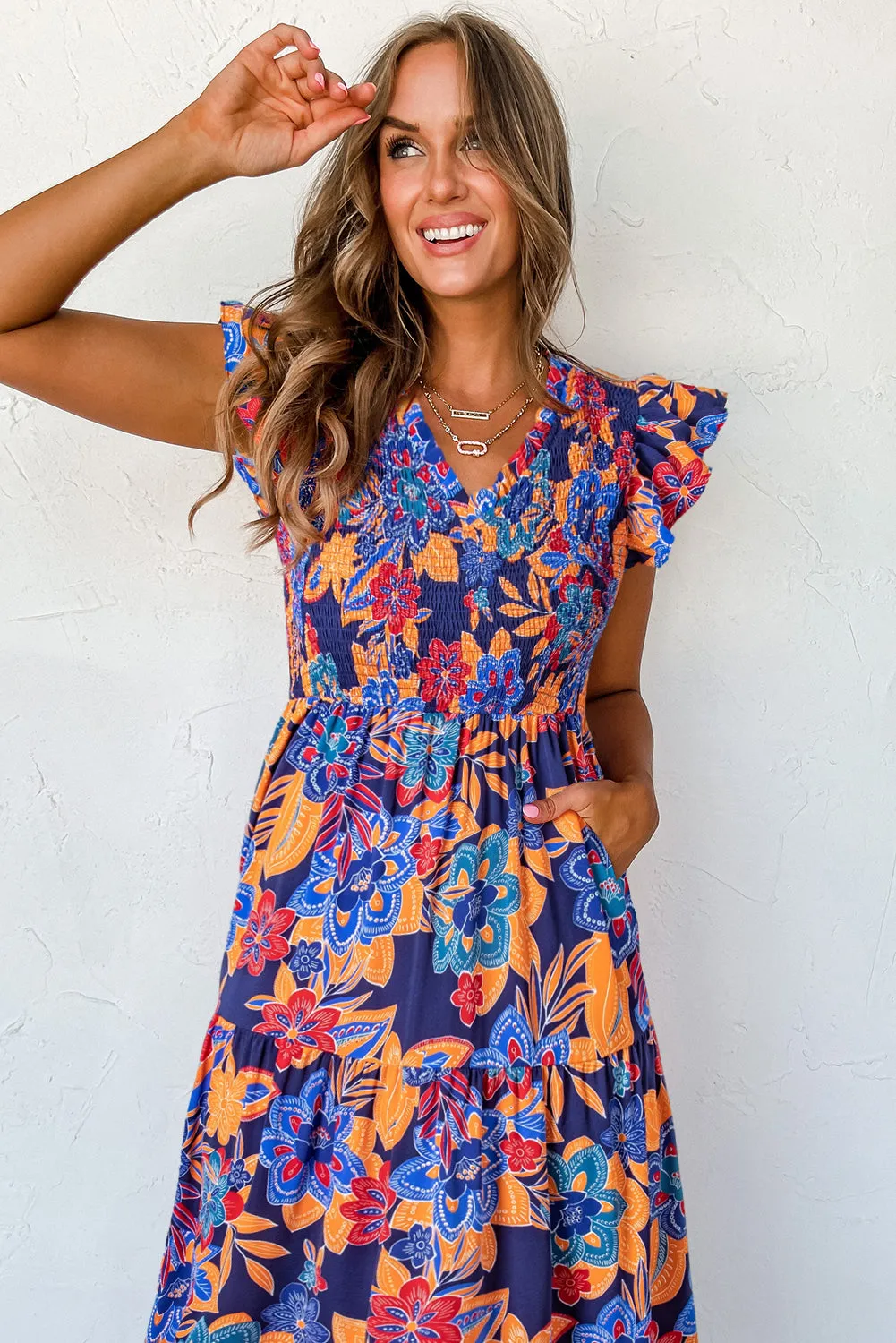 Dark Blue Boho Floral V Neck Ruffle Tiered Long Dress