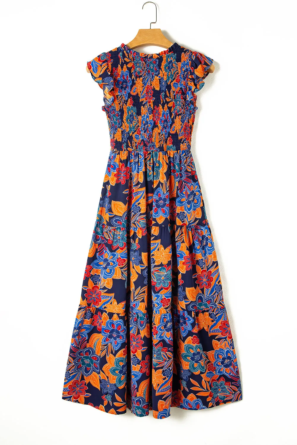 Dark Blue Boho Floral V Neck Ruffle Tiered Long Dress