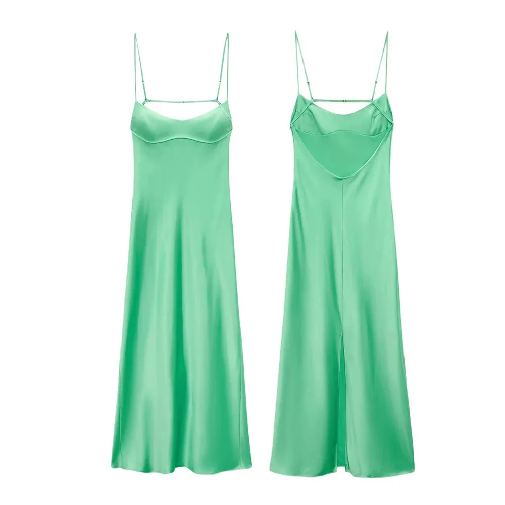 DressBetty - 2024 Women Solid Color Silky Satin Slip Summer Casual Sleeveless Maxi Dress