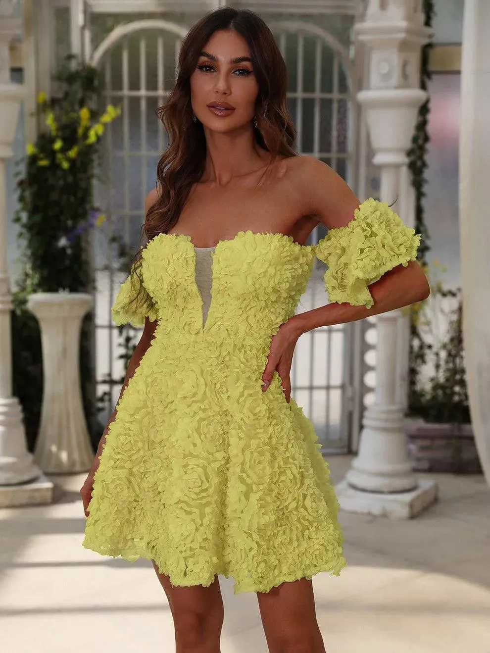 Elegant Off Shoulder Short Sleeves 3D Flower Dresses