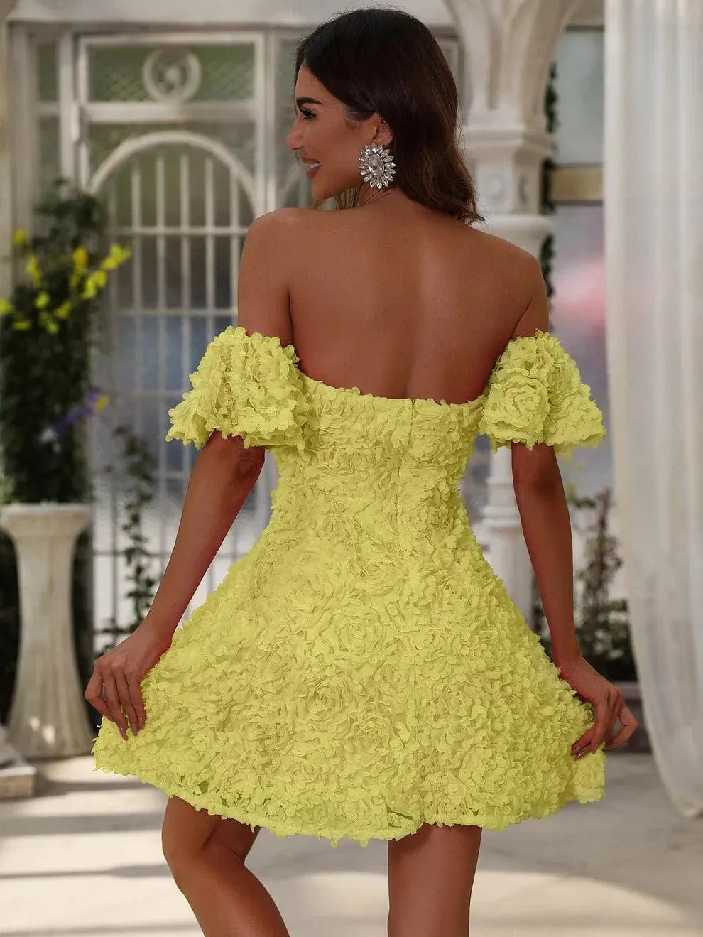 Elegant Off Shoulder Short Sleeves 3D Flower Dresses