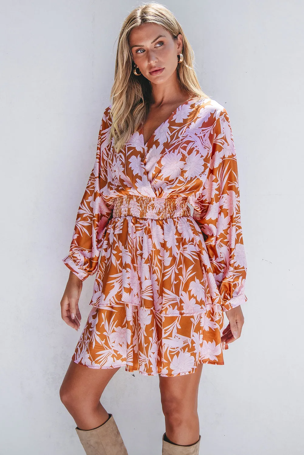 Floral Puff Sleeve Smocked Waist Layered Dress