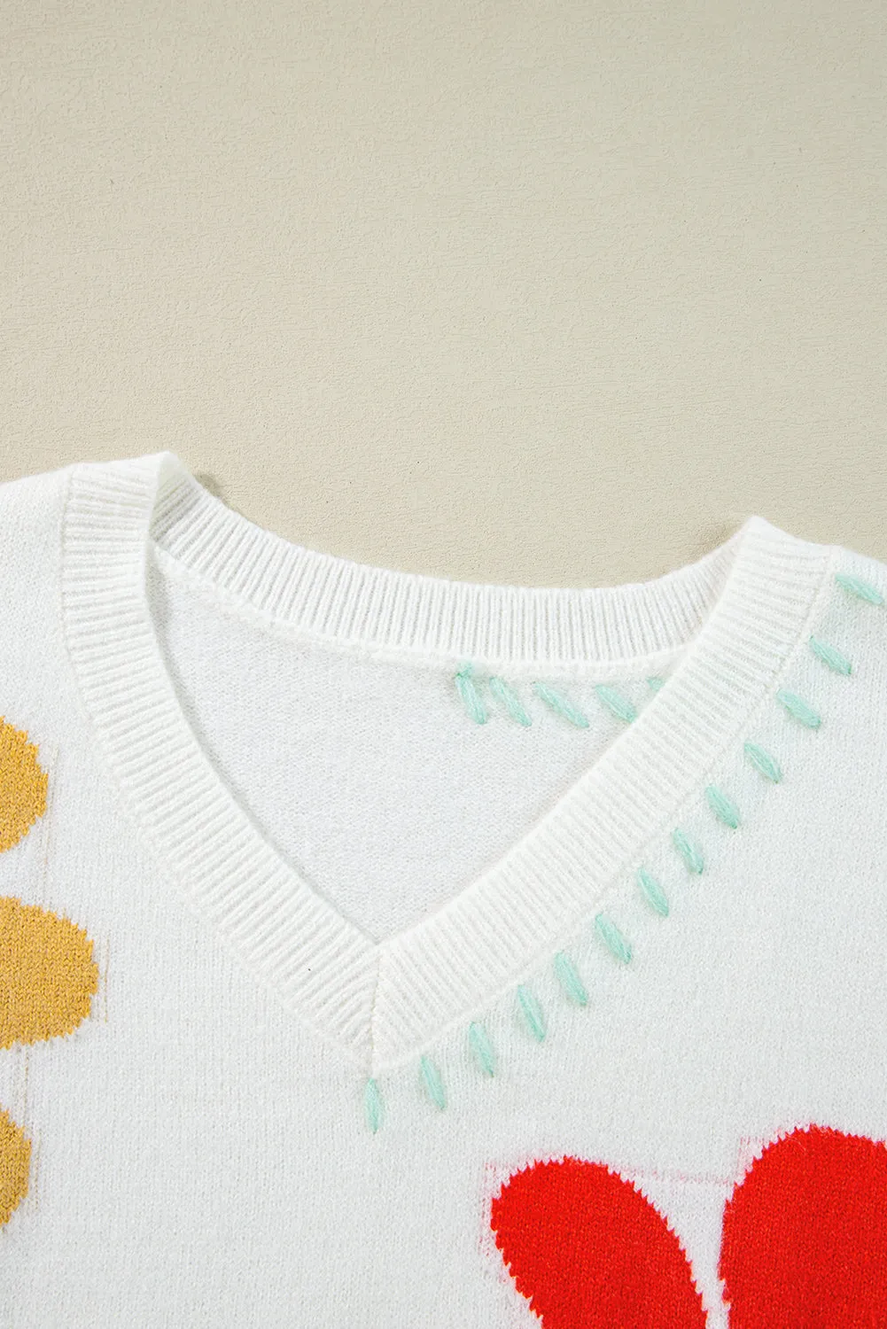 Flower Pattern V Neck Drop Shoulder Sweater