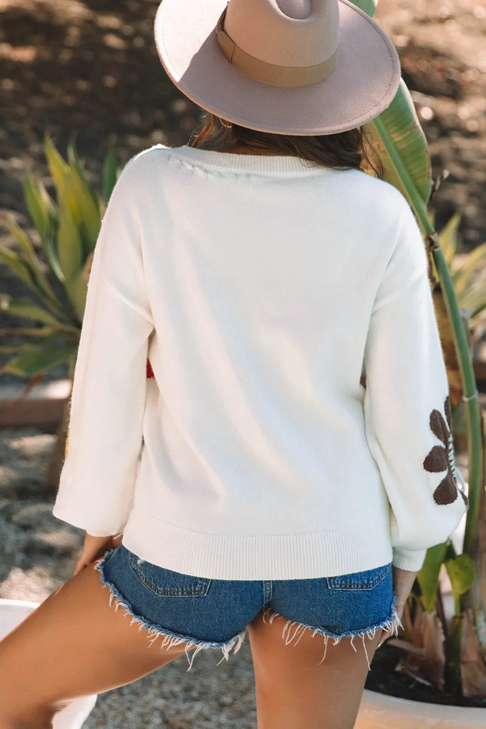 Flower Pattern V Neck Drop Shoulder Sweater