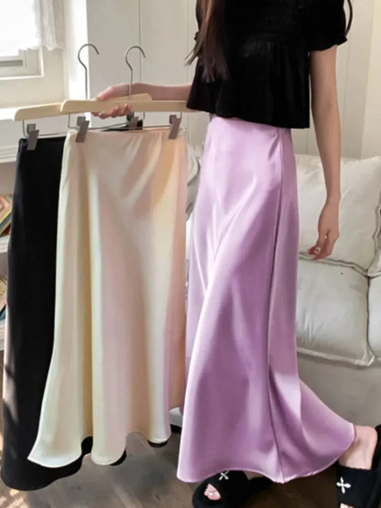 Getadme Elegant Women's Skirts High Waist Silk Satin A-line Skirt Lady Fashion Solid Color Purple Long Skirts for Women Fashion