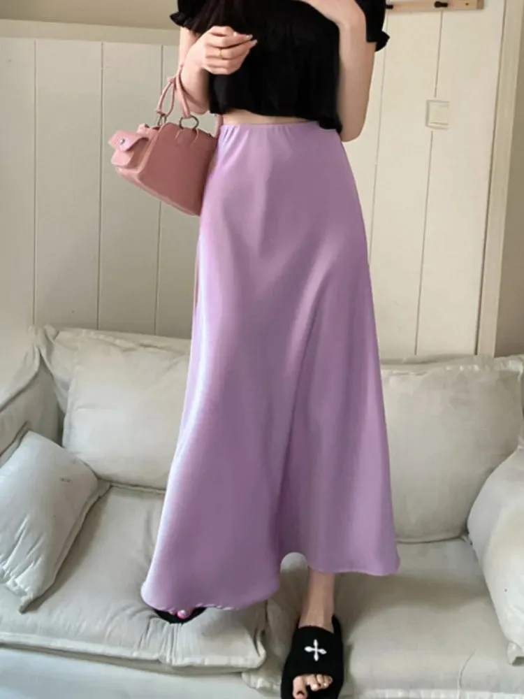 Getadme Elegant Women's Skirts High Waist Silk Satin A-line Skirt Lady Fashion Solid Color Purple Long Skirts for Women Fashion