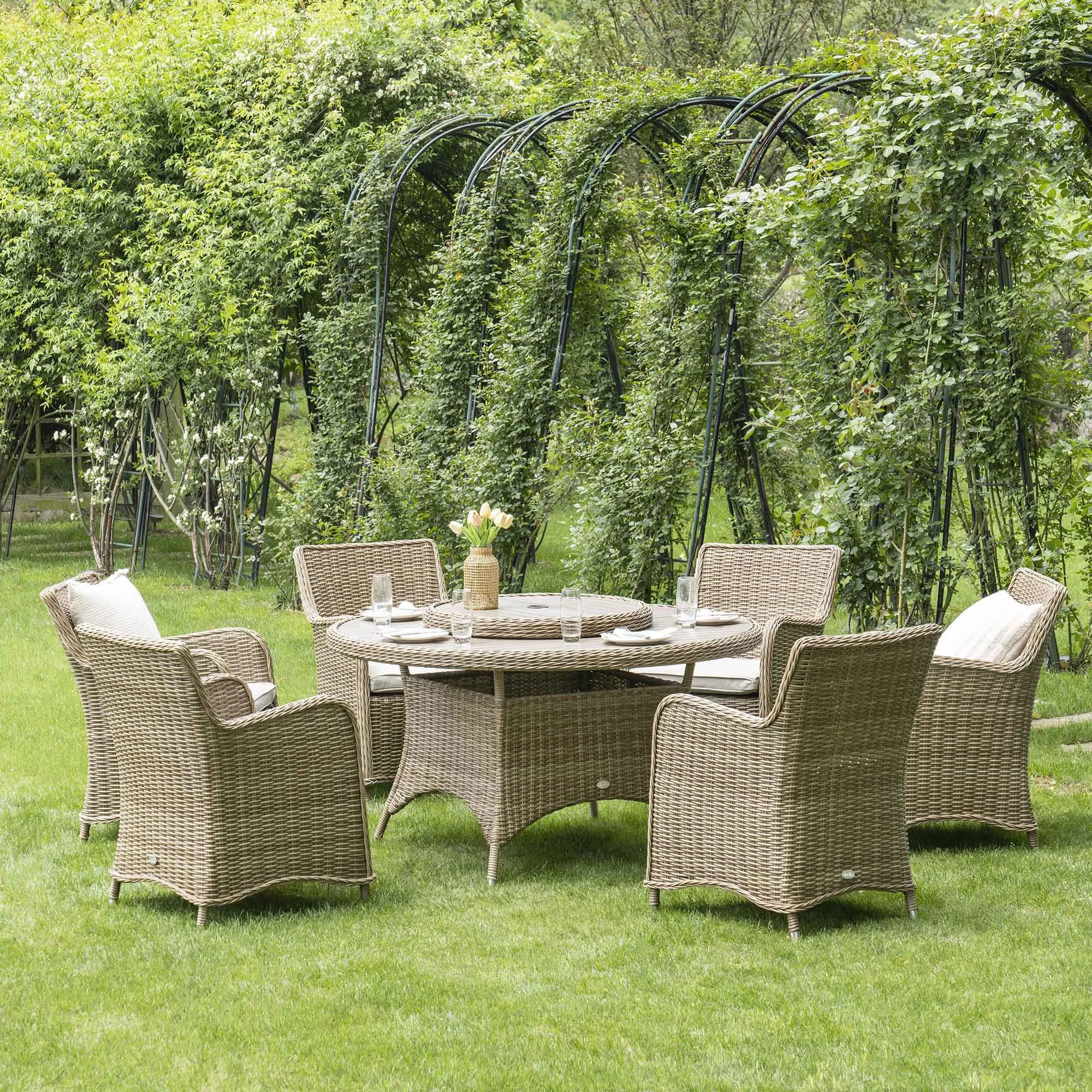 Hampshire 6-Seater Round Wicker Rattan Dining Set with Lazy Susan & Ice Bucket, Natural